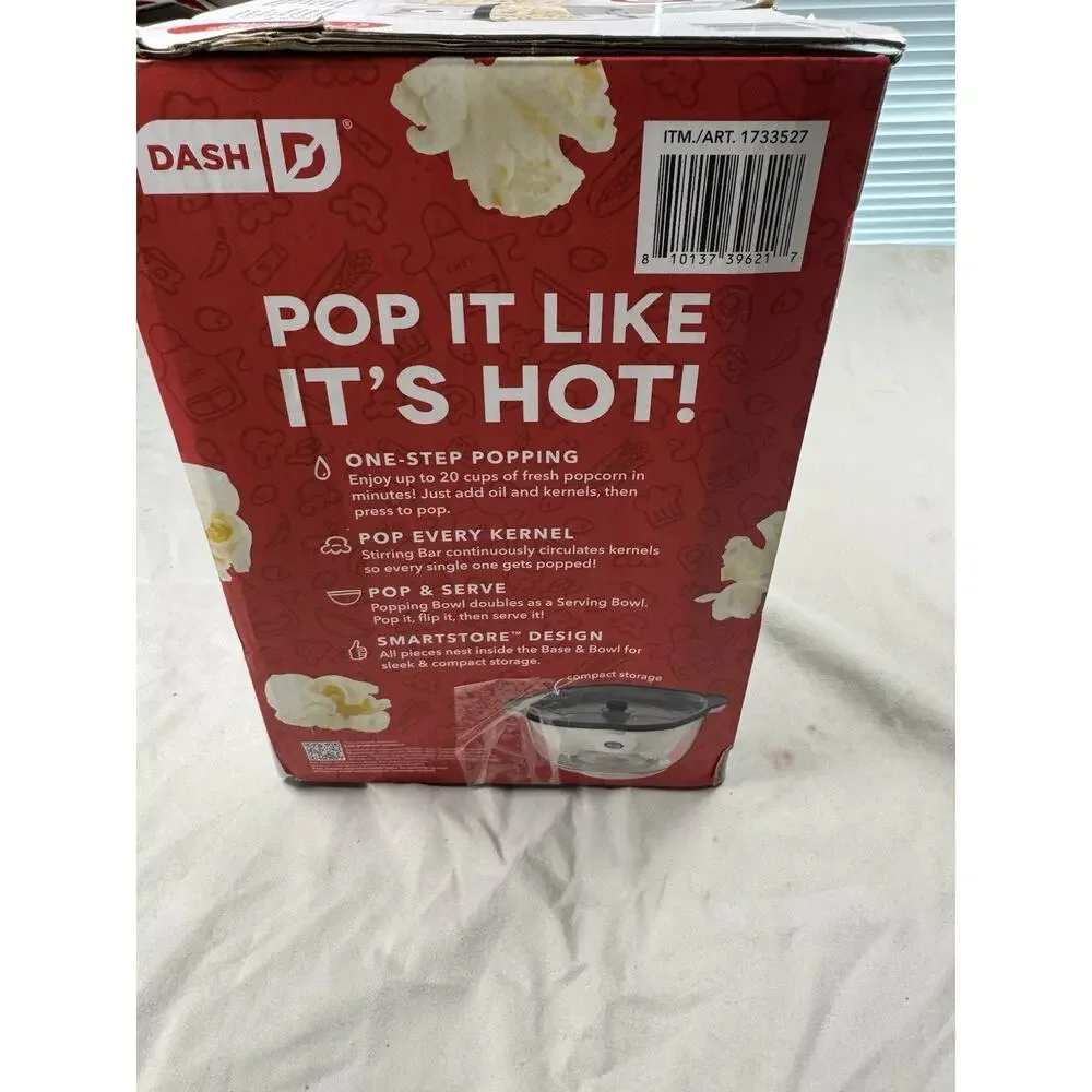 Dash SmartStore Stirring Popcorn Maker 20 Cup Flip Serve Bowl White New Open Box